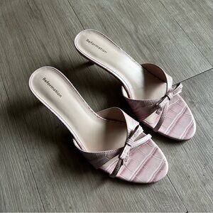 Reformation Stacy Heeled Sandals in Powder Pink Croc